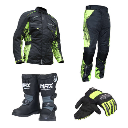 Wulfsport & Duchinni Kids Textile Motorcycle Jacket, Trouser, Boot & Glove Yellow Bundle #3