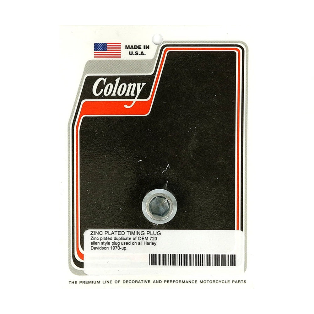 Colony, Harley Davidson Timing Plug. OEM Style Allen. Zinc. 5/8"-18 Threaded BC16344