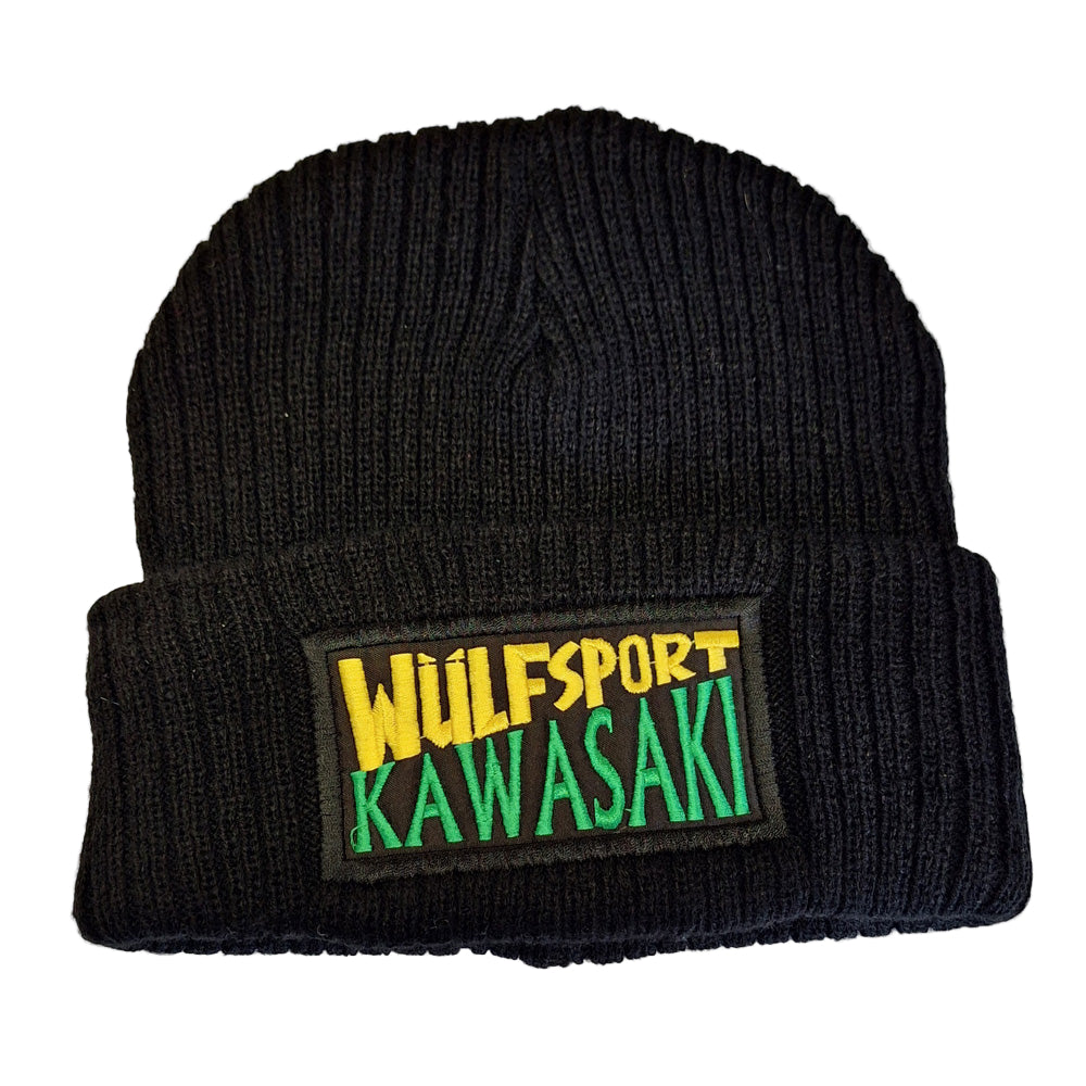 Black beanie with Wulfsport Kawasaki patch on a white background