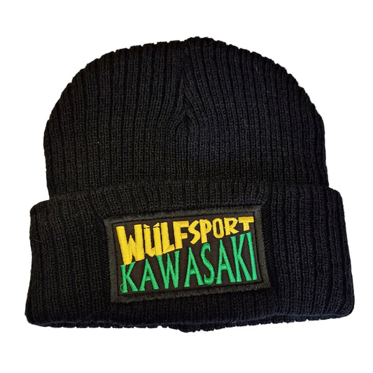 Black beanie with Wulfsport Kawasaki patch on a white background