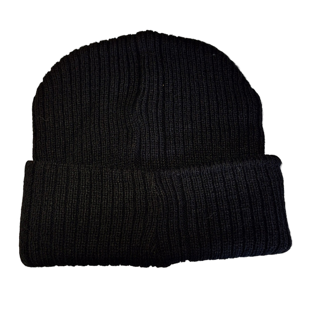 Black knit beanie on a white background