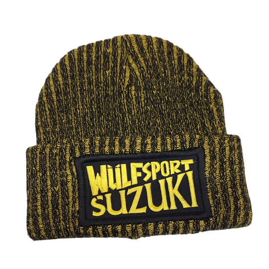 Black and yellow knit beanie with Wulfsport Suzuki logo on a white background