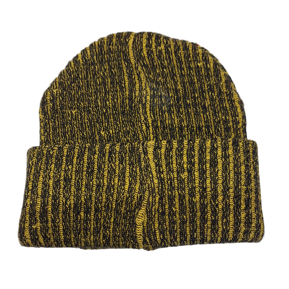 Knitted beanie with yellow and black pattern on a white background