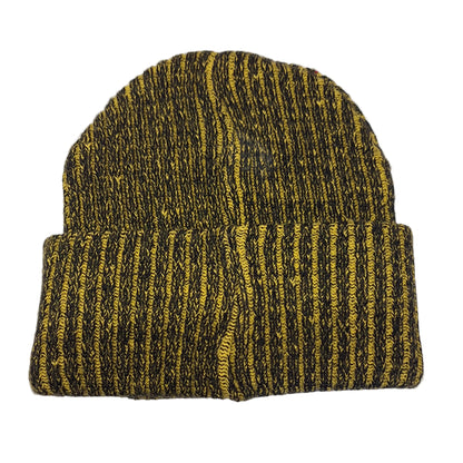 Knitted beanie with yellow and black pattern on a white background