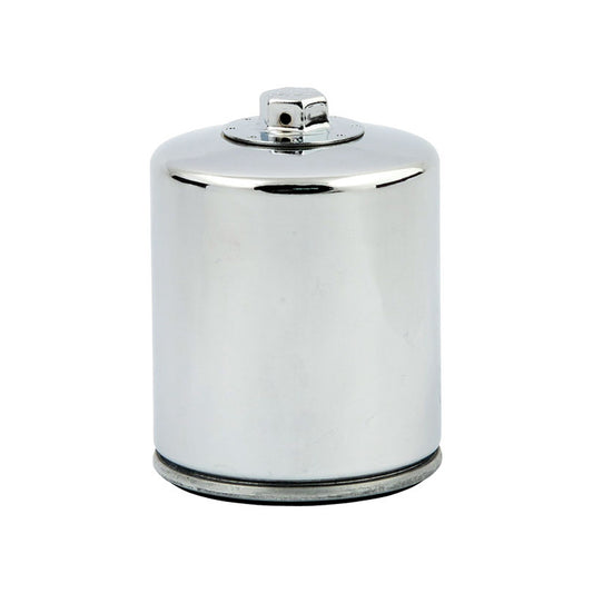 K&N, Harley Davidson Spin-On Oil Filter. With Top Nut. Chrome. Softail, FLT, FXR, XL BC42905