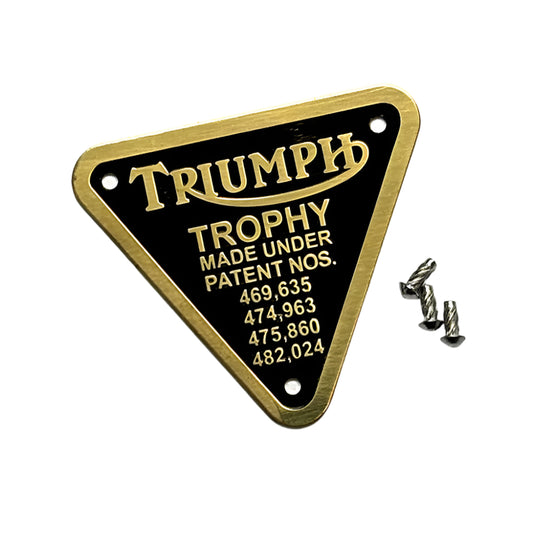 Triumph Trophy plate with patent numbers on a white background
