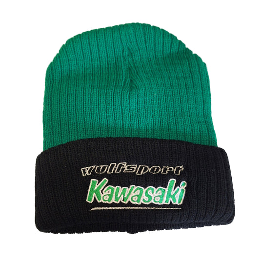 Green and black beanie with Wulfsport Kawasaki logo on a white background