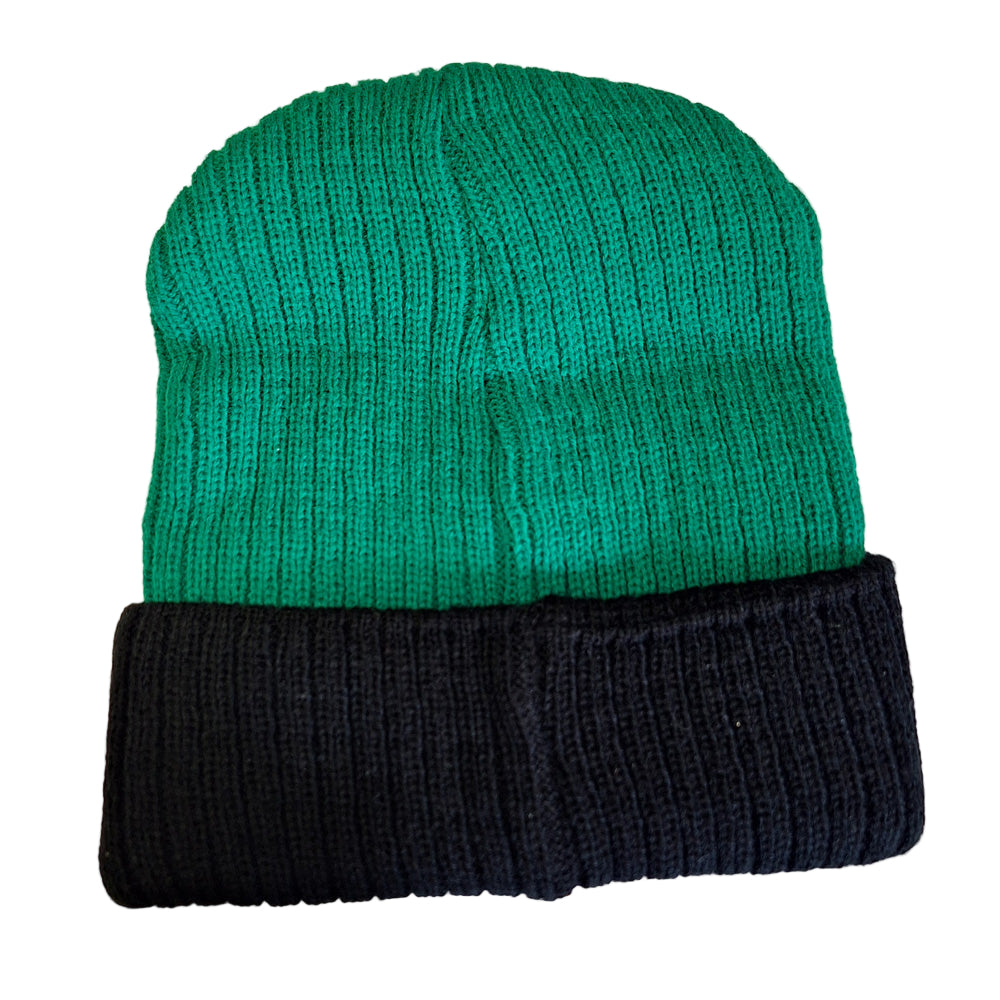 Green and black beanie on a white background