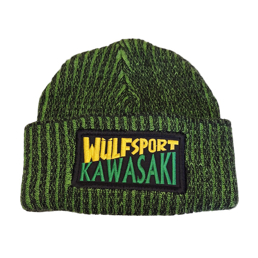 Green knit beanie with Wulfsport Kawasaki patch on a white background
