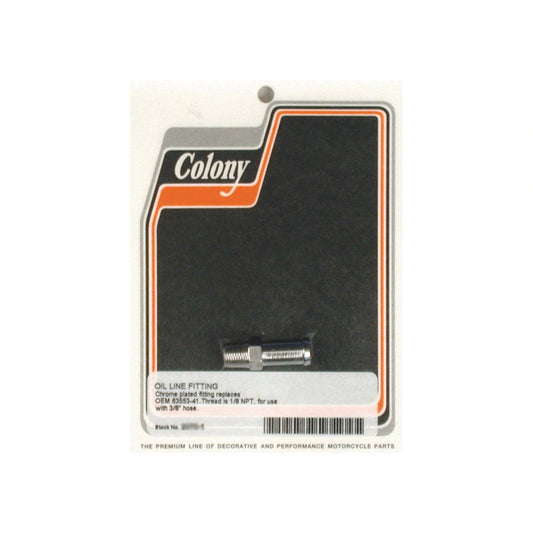 Colony, Harley Davidson Oil Line Fitting, Straight. Chrome FL, FXST, BT, XL BC43944