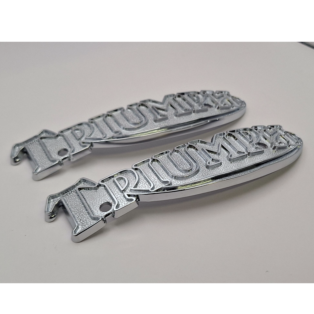 Pair of Triumph Metal Tank Badges Logo 6" TR7,T140 79-83; T160 Trident 75-76 BC44454