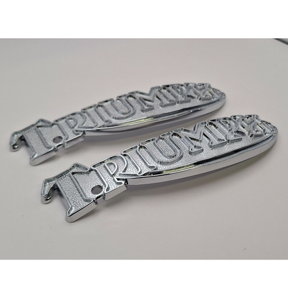 Pair of Triumph Metal Tank Badges Logo 6" TR7,T140 79-83; T160 Trident 75-76 BC44454