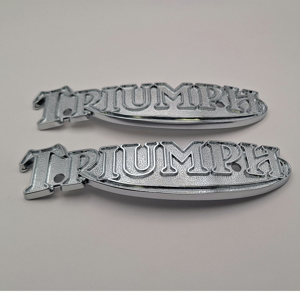 Pair of Triumph Metal Tank Badges Logo 6" TR7,T140 79-83; T160 Trident 75-76 BC44454
