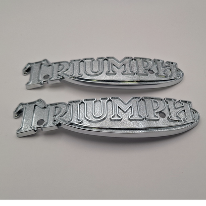 Pair of Triumph Metal Tank Badges Logo 6" TR7,T140 79-83; T160 Trident 75-76 BC44454