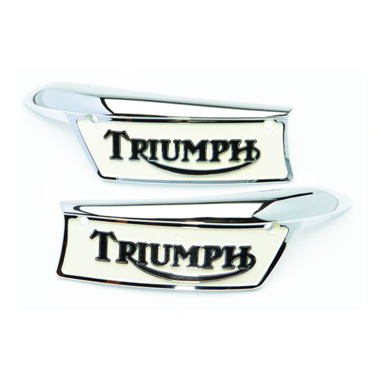 Pair of Triumph Tank Badges Black / Cream. Bonneville T120/TR6 67-79 BC44455