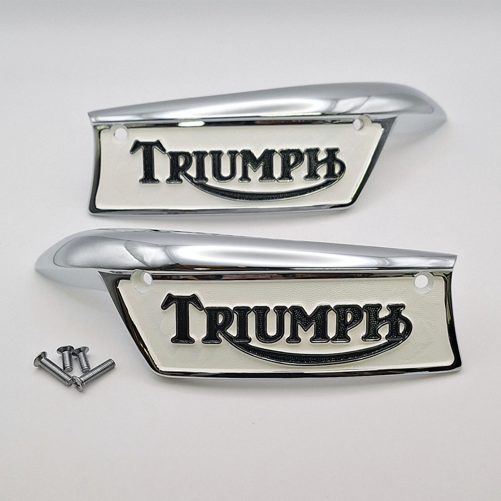 Pair of Triumph Tank Badges Black / Cream. Bonneville T120/TR6 67-79 BC44455