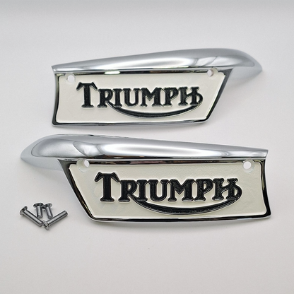 Pair of Triumph Tank Badges Black / Cream. Bonneville T120/TR6 67-79 BC44455