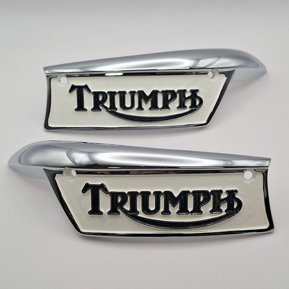 Pair of Triumph Tank Badges Black / Cream. Bonneville T120/TR6 67-79 BC44455