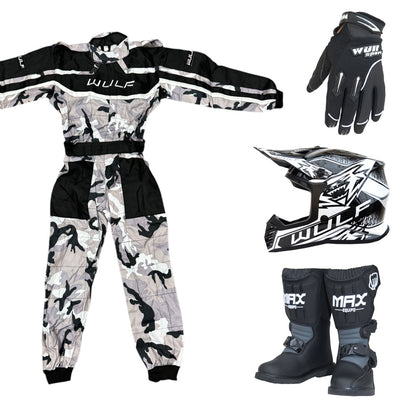 Kids Wulfsport MX Quad Motocross Overall, Helmet, Boots & Gloves Black Camo Set #MO6