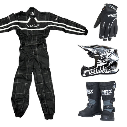 Kids Wulfsport MX Quad Motocross Overall, Helmet, Boots & Gloves Black Set #MO6