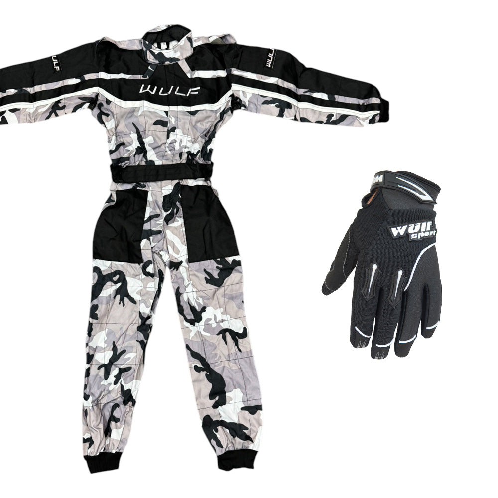 Kids Wulfsport MX Motocross Overall & Gloves Black Camo Set #O1