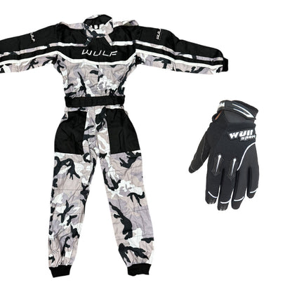 Kids Wulfsport MX Motocross Overall & Gloves Black Camo Set #O1