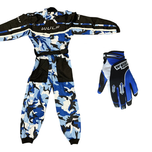 Kids Wulfsport MX Motocross Overall & Gloves Blue Camo Set #O1