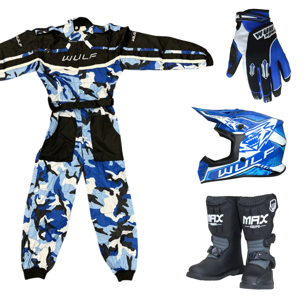 Kids Wulfsport MX Quad Motocross Overall, Helmet, Boots & Gloves Blue Camo Set #MO6