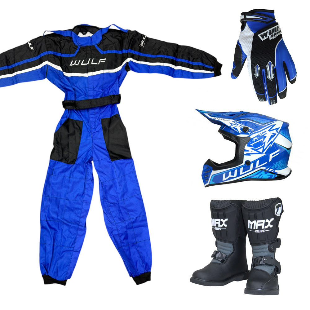 Kids Wulfsport MX Quad Motocross Overall, Helmet, Boots & Gloves Blue Set #MO6