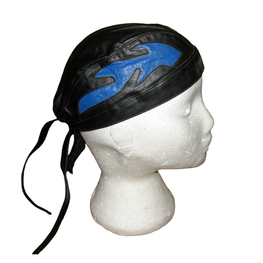 Kids Childrens Youth Leather Flamed Motorcycle Headwear Zandana Black / Blue