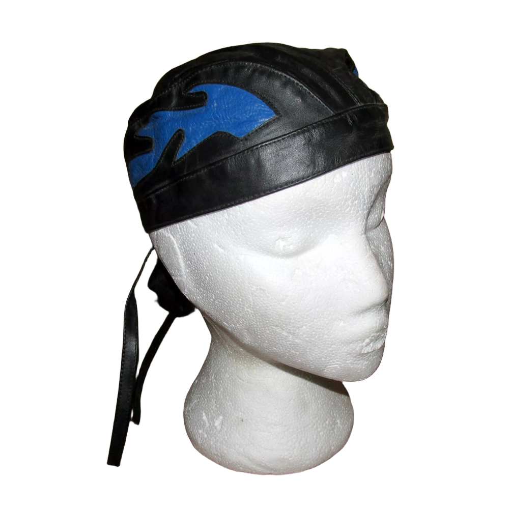 Kids Childrens Youth Leather Flamed Motorcycle Headwear Zandana Black / Blue