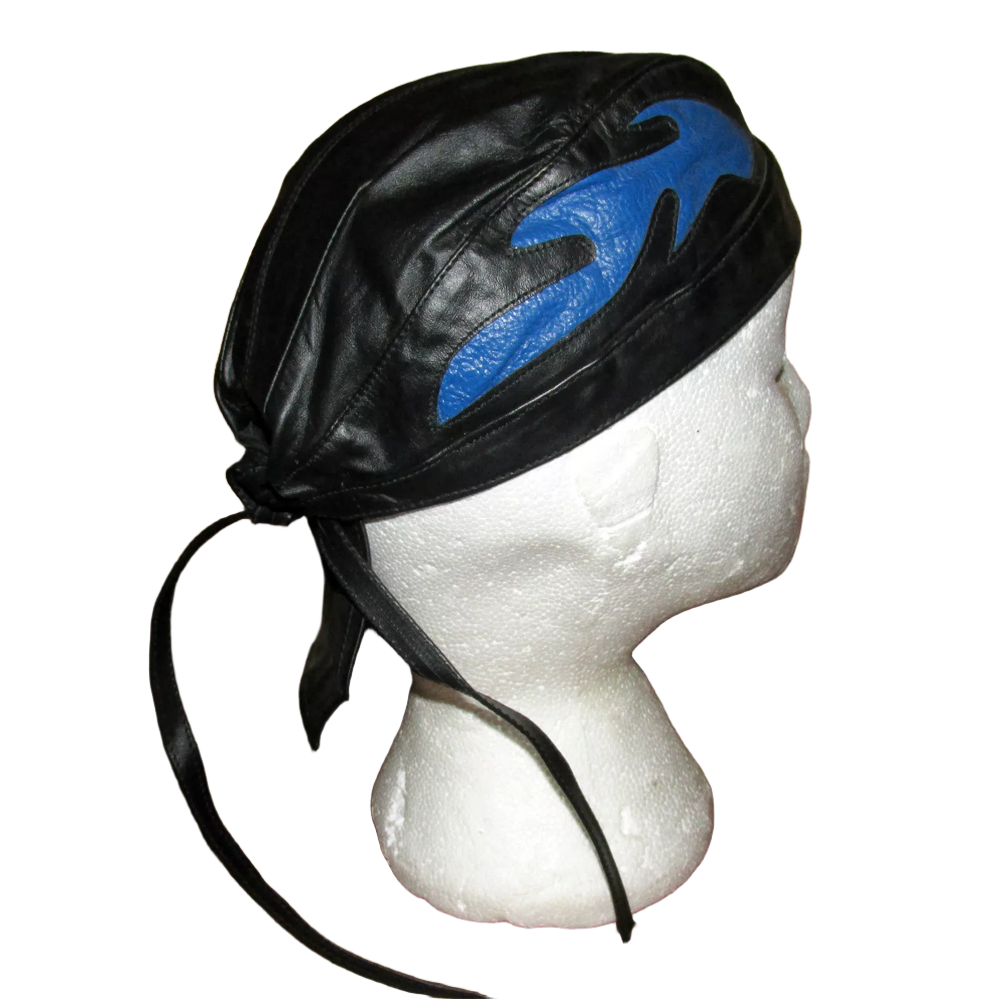 Kids Childrens Youth Leather Flamed Motorcycle Headwear Zandana Black / Blue