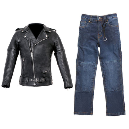 Duchinni Kids Motorcycle Leather Patrol Jacket & Tundra Jean Trousers Bundle Kit