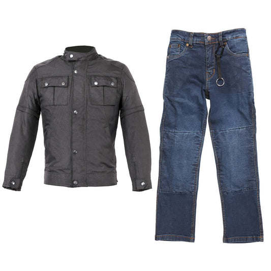 Duchinni Kids Motorcycle Black Sniper Jacket & Tundra Jean Trousers Bundle Kit