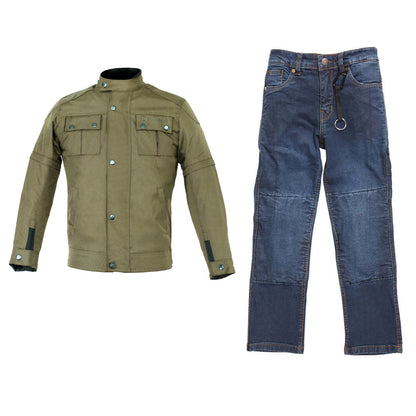 Duchinni Kids Motorcycle Olive Sniper Jacket & Tundra Jean Trousers Bundle Kit