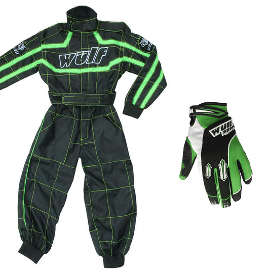 Kids Wulfsport MX Motocross Overall & Gloves Green Set #O1