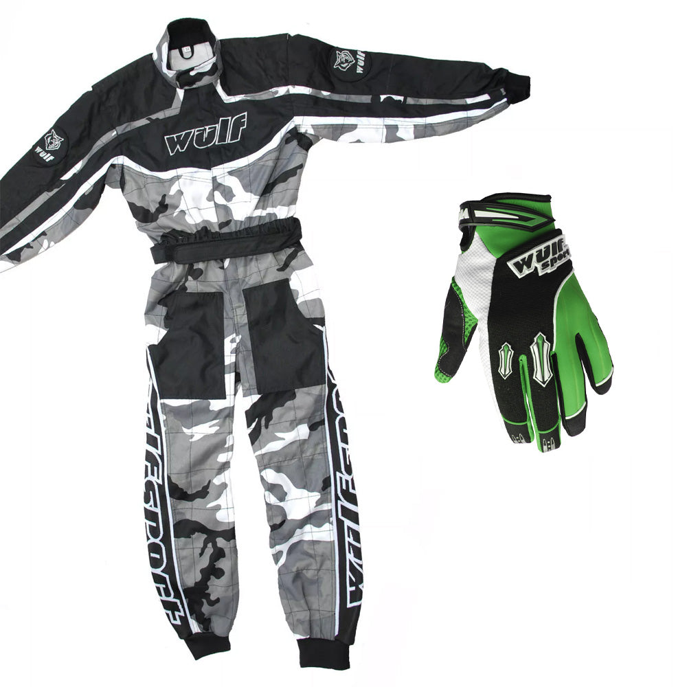 Kids Wulfsport MX Motocross Overall & Gloves Green Camo Set #O1
