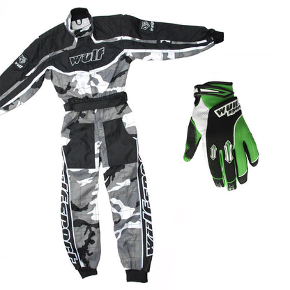 Kids Wulfsport MX Motocross Overall & Gloves Green Camo Set #O1