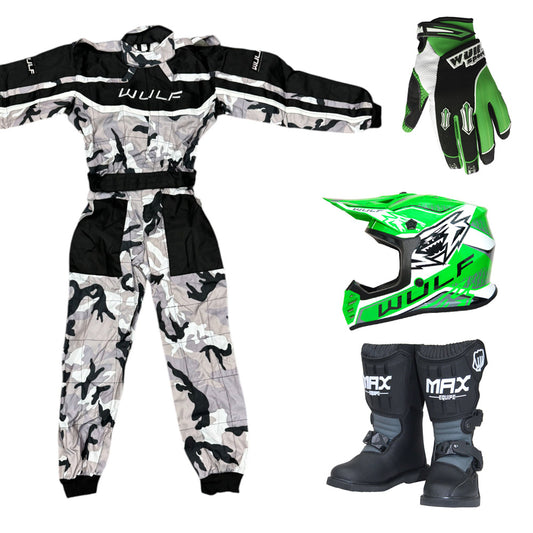 Kids Wulfsport MX Quad Motocross Overall, Helmet, Boots & Gloves Green Camo Set #MO6