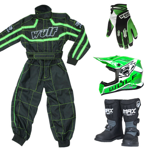 Kids Wulfsport MX Quad Motocross Overall, Helmet, Boots & Gloves Green Set #MO6