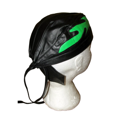 Kids Childrens Youth Leather Flamed Motorcycle Headwear Zandana Black / Green