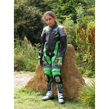 Baby Biker One Piece Kids Motorcycle Mini Moto Full Leather Race Suit Green