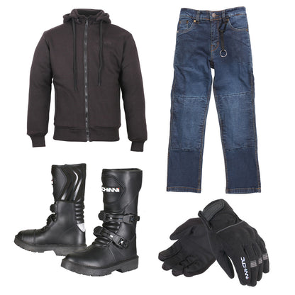 Duchinni Kids Textile Motorcycle Stealth Hoodie, Tundra Jeans, Boots & Gloves Bundle #S3