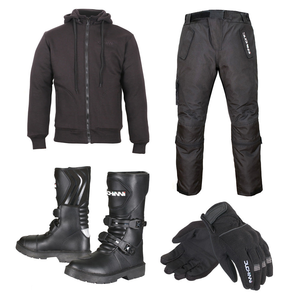 Duchinni Kids Textile Motorcycle Stealth Hoodie, Imola Trousers, Boots & Gloves Bundle #S3