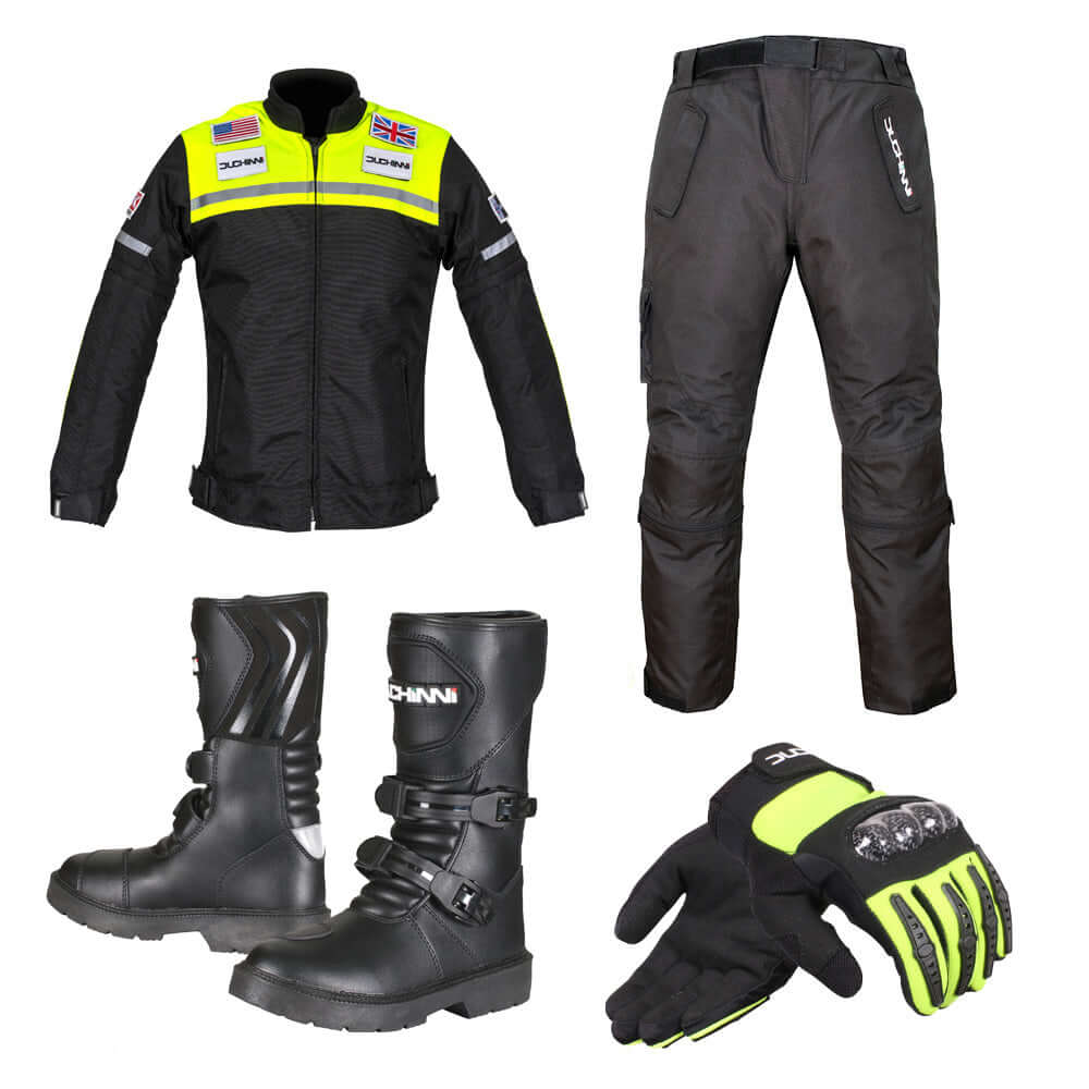 Duchinni Kids Textile Motorcycle Grid Jacket, Trouser, Boots & Gloves Bundle Yellow #S3