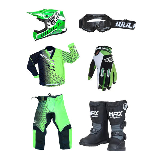 Kids MX Wulfsport 2025 CONNECT Motocross Green Mega Set #M12