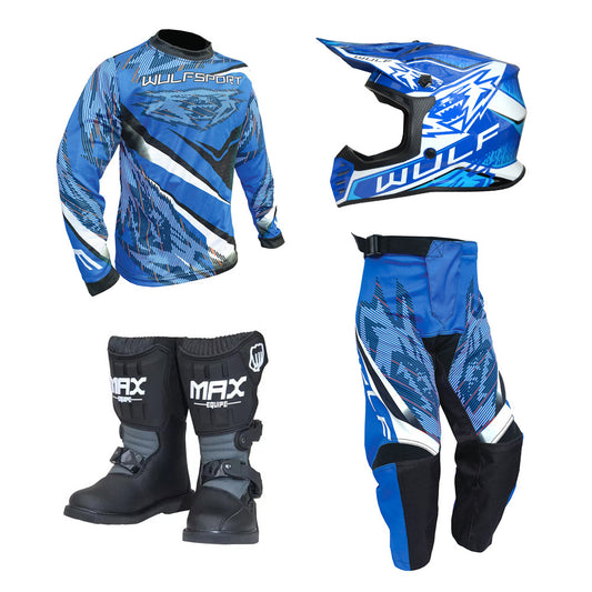 Kids MX Wulfsport 2026 WARHAMMER Motocross Shirt, Pant, Helmet & Boot Set Blue #M13