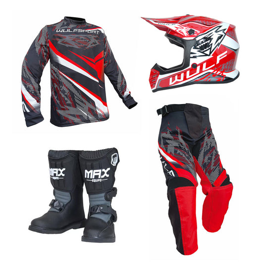 Kids MX Wulfsport 2026 WARHAMMER Motocross Shirt, Pant, Helmet & Boot Set Red #M13