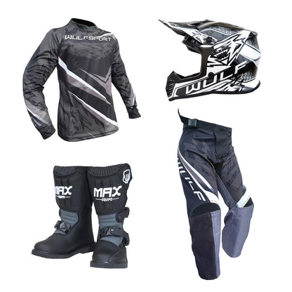 Kids MX Wulfsport 2026 WARHAMMER Motocross Shirt, Pant, Helmet & Boot Set Black #M13