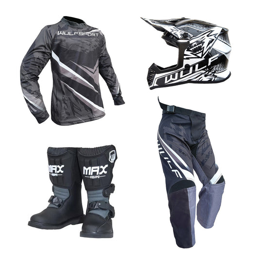 Kids MX Wulfsport 2026 WARHAMMER Motocross Shirt, Pant, Helmet & Boot Set Black #M13
